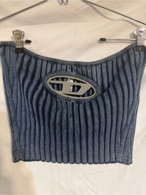Diesel Navy Ribbed Tube Top with Silver Logo Cutout